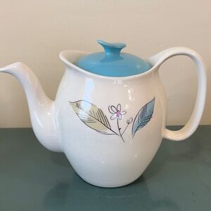 Vintage Salem China White Ceramic Teapot with Turquoise Lid and Leaf Motif